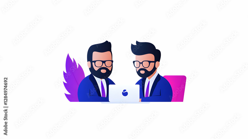 Two Businessmen in Blue Suits Using a Laptop During a Fintech Meeting Two Businessmen in Blue Suits Using a Laptop During a Fintech Meeting