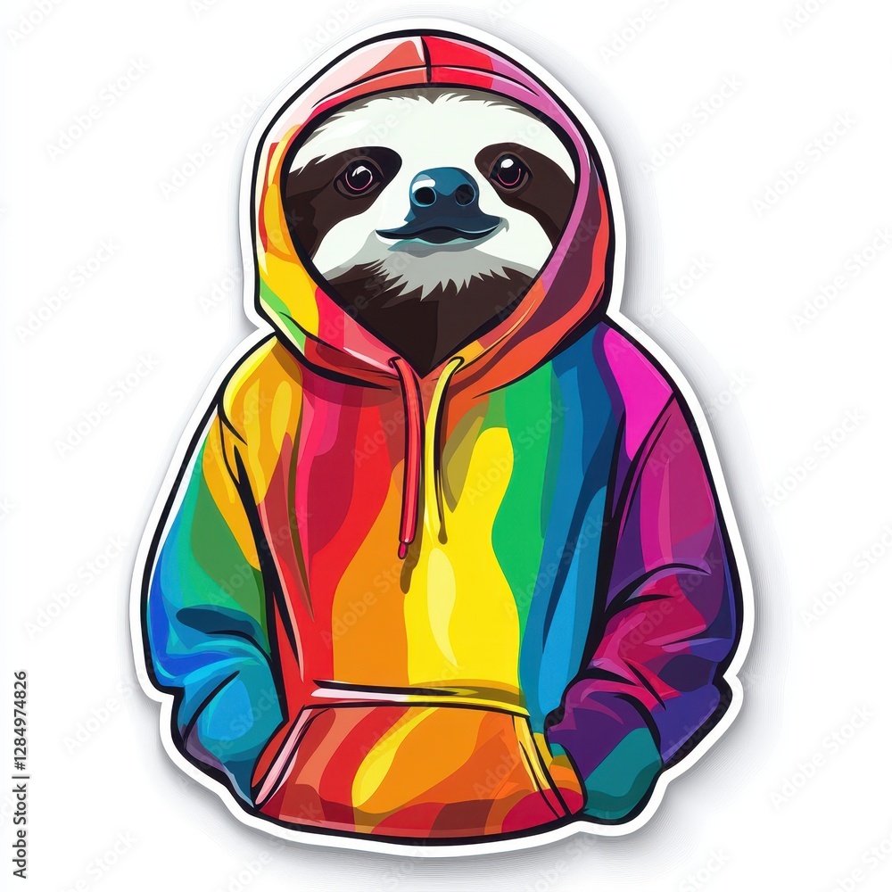 Fototapeta premium Sticker of a Cute cartoon sloth wearing a colorful hoodie stands with a cheerful expression in a vibrant design