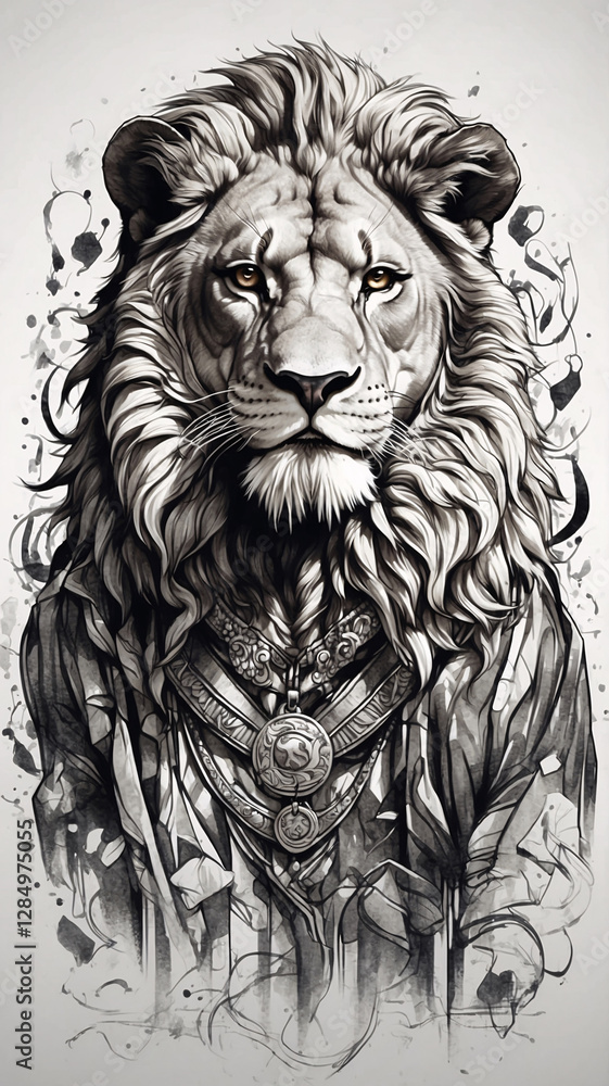 Fierce Lion Head Illustration with Dramatic Lighting and Artistic Lines Fierce Lion Head Illustration with Dramatic Lighting and Artistic Lines