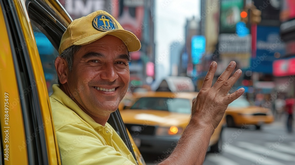 Friendly Taxi Driver Waves from Yellow Cab in Bustling City Scene Friendly Taxi Driver Waves from Yellow Cab in Bustling City Scene