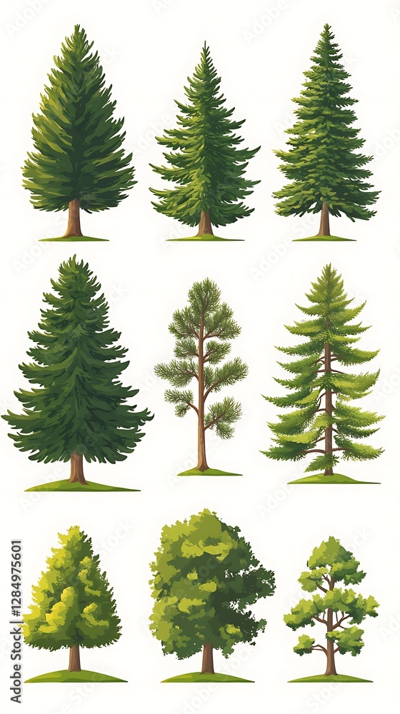 Evergreen, deciduous trees; nature; graphic design Evergreen, deciduous trees; nature; graphic design