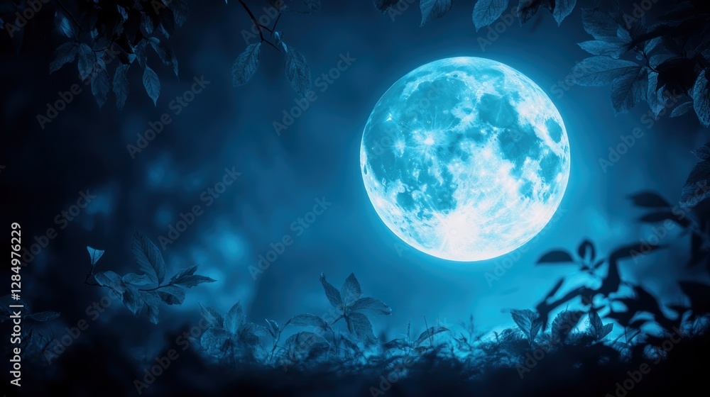 Fototapeta premium Blue moon night, forest foliage, mystical backdrop