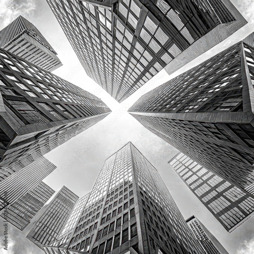 Fototapeta premium Dynamic Urban Architecture City Skyline Black and White Photography Modern Environment Upward View Seamless Pattern Concept
