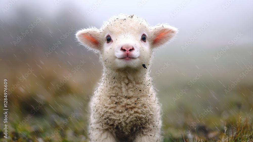 Fototapeta premium Cute lamb in rain, pasture background, spring farm