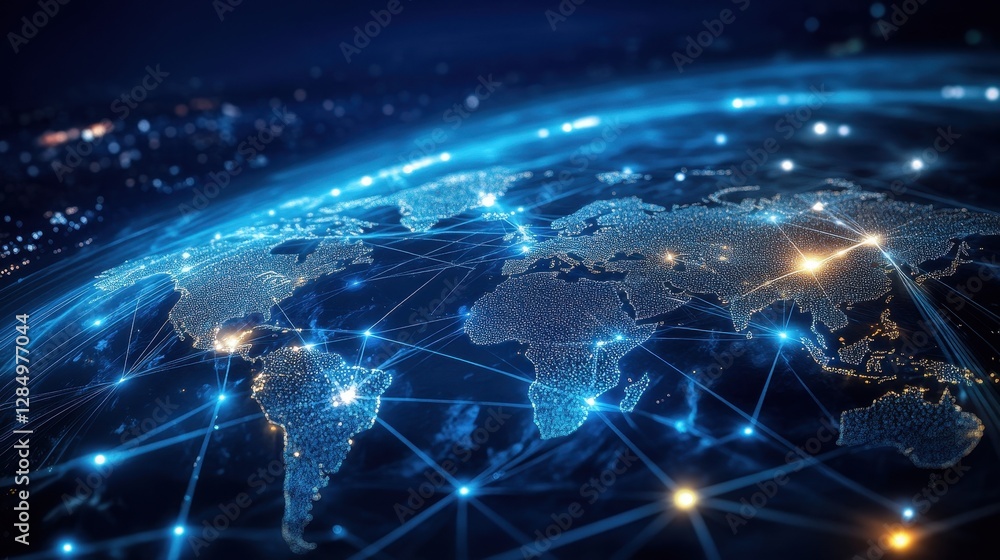 A digital representation of the world with illuminated network connections, showcasing global technology integration and interconnected platforms. A digital representation of the world with illuminated network connections, showcasing global technology integration and interconnected platforms.
