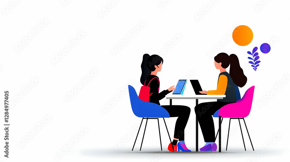 Two Women Collaborating on Tablets at a Table in a Modern Office Setting Two Women Collaborating on Tablets at a Table in a Modern Office Setting