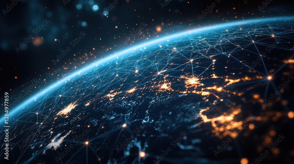 A glowing network of connections wraps around a 3D digital Earth, set against a dark textured background, representing the future of global technology.