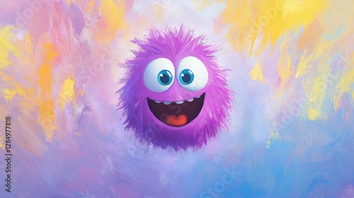 Playful purple monster with big eyes vibrant abstract background digital art cheerful atmosphere close-up view whimsical concept