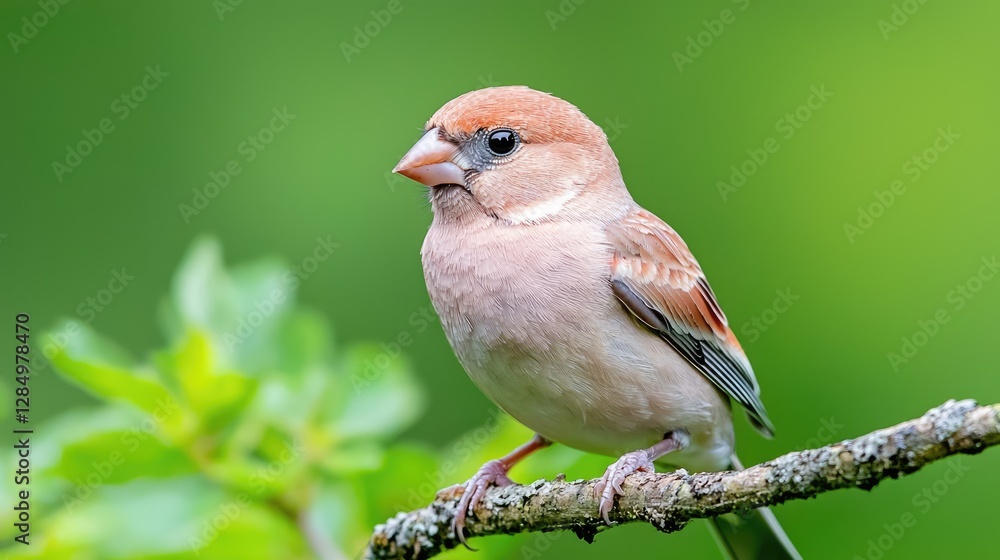 Obraz premium Small brown bird perched on a mossy tree branch in a lush green garden during daytime.
