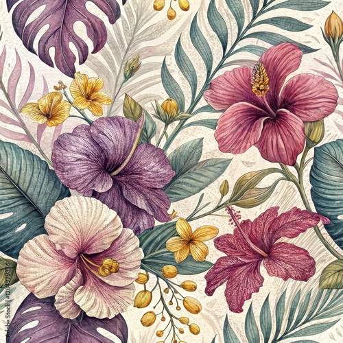 Wallpaper Mural Tropical Floral Seamless Pattern Design Exotic Garden Digital Artwork Bright Colors Close-Up Nature Inspiration Torontodigital.ca