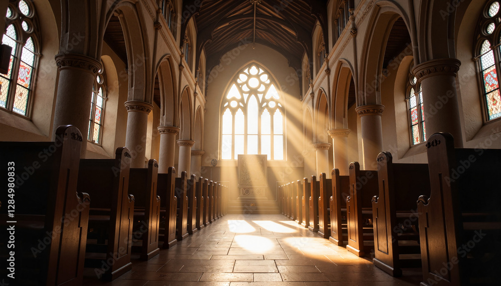 Fototapeta premium Sunlight streaming through church window in medieval interior, spirituality