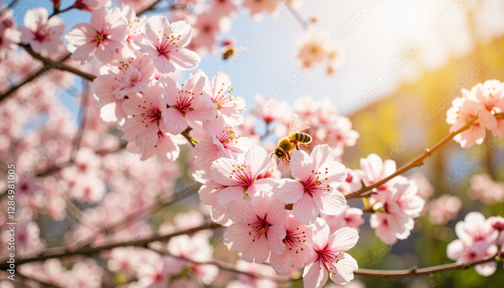 Bee collecting nectar from bright spring blossoms, floral beauty Bee collecting nectar from bright spring blossoms, floral beauty