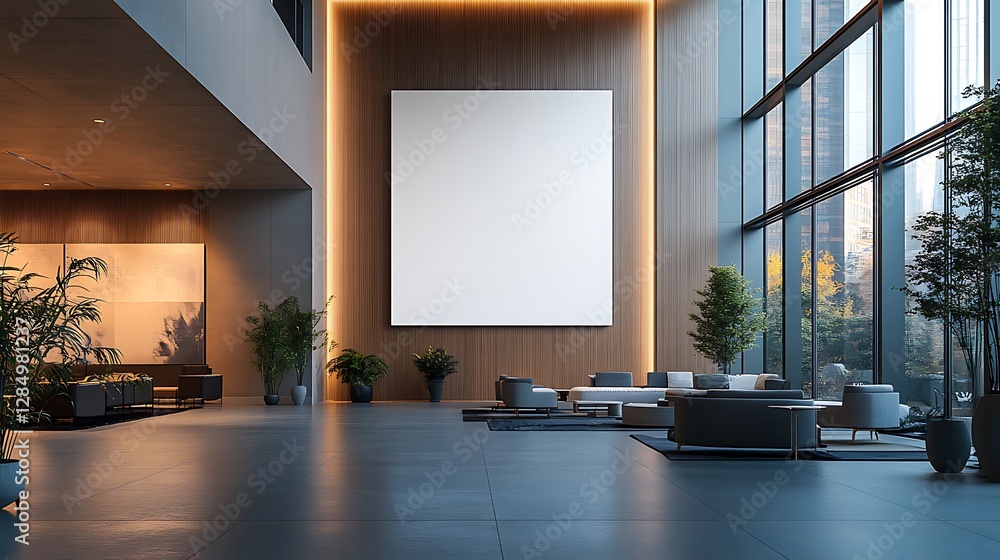 A blank, white, square glass sign on a wall in a modern office, in a mockup style. A blank, white, square glass sign on a wall in a modern office, in a mockup style.