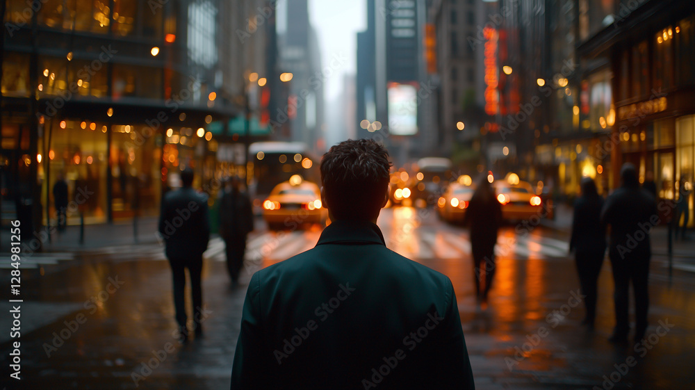 Man with Backpack Facing Train Station Crowd, Nighttime Urban Scene with Blurred Lights and Orange Train
Man with Backpack Facing Train Station Crowd, Nighttime Urban Scene with Blurred Lights and Orange Train