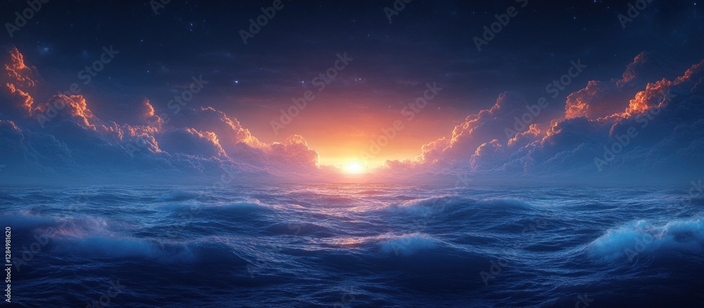 Fototapeta premium Surreal Mystical Landscape Deep Blue Fog Glowing Horizon Ethereal Light Dramatic Shadows Asphalt Background