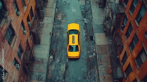 City cab waits, alley, aerial view