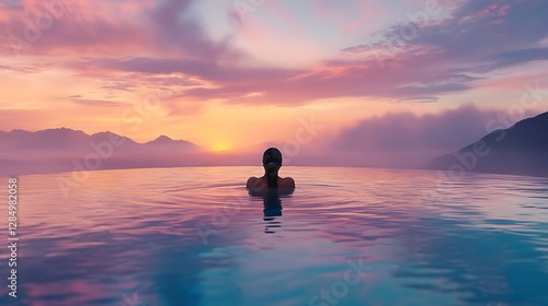 Wallpaper Mural Woman Relaxing in Infinity Pool at Sunset with Mountain Views Torontodigital.ca