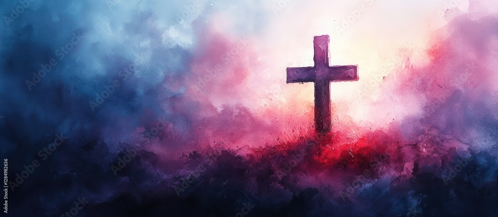 Crucifix Watercolor Painting Lent Good Friday Christian Banner Faith Redemption Cross Purple Blue Background Crucifix Watercolor Painting Lent Good Friday Christian Banner Faith Redemption Cross Purple Blue Background