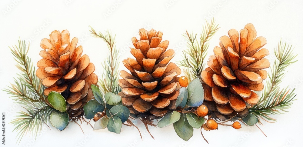 Fototapeta premium Watercolor Pinecones with Green Leaves Festive Bouquet Christmas Decor Botanical Illustration