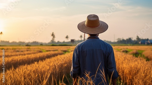 A Farmer's Contemplation Over Golden Rice Fields During Sunrise photo