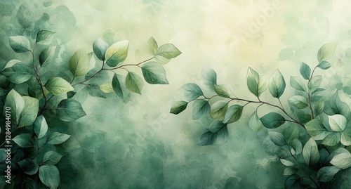 Serene Botanical Illustration of Cascading Leaves in Watercolor Soft Pastel Colors for Interior Design Wallpaper Mural