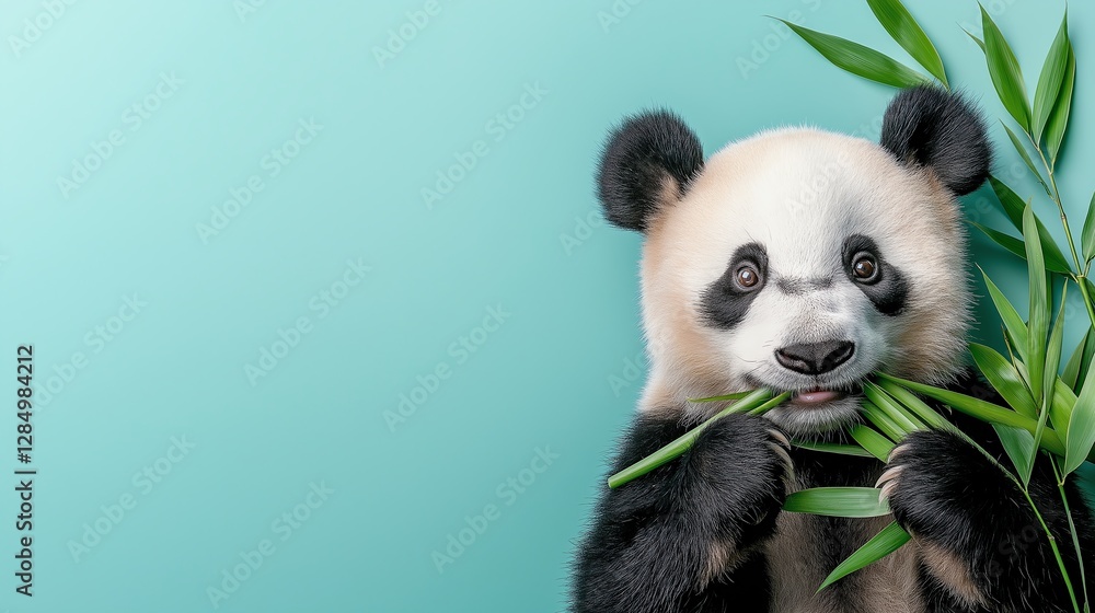 Fototapeta premium A cute panda munching on bamboo against a vibrant background, showcasing its playful spirit and love for nature. Perfect image for wildlife enthusiasts and animal lovers.