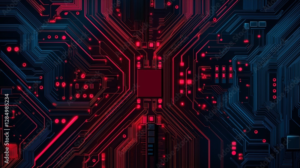 A detailed close-up image of a vibrant red and blue circuit board. The intricate patterns and glowing elements highlight the modern technology and electronics in a creative design. A detailed close-up image of a vibrant red and blue circuit board. The intricate patterns and glowing elements highlight the modern technology and electronics in a creative design.