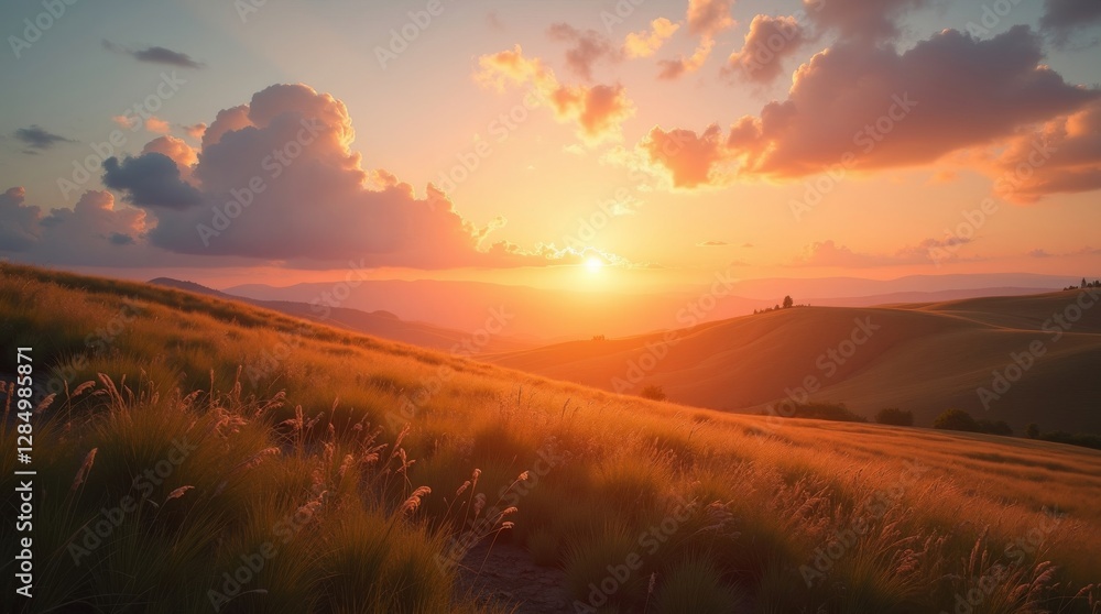 A stunning sunset over rolling hills with vibrant orange skies and soft grassy foreground. Perfect for nature and landscape themes. A stunning sunset over rolling hills with vibrant orange skies and soft grassy foreground. Perfect for nature and landscape themes.