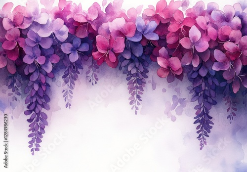 Watercolor illustration of wisteria flowers cascading down a textured white wall with tropical leaves and delicate brush strokes