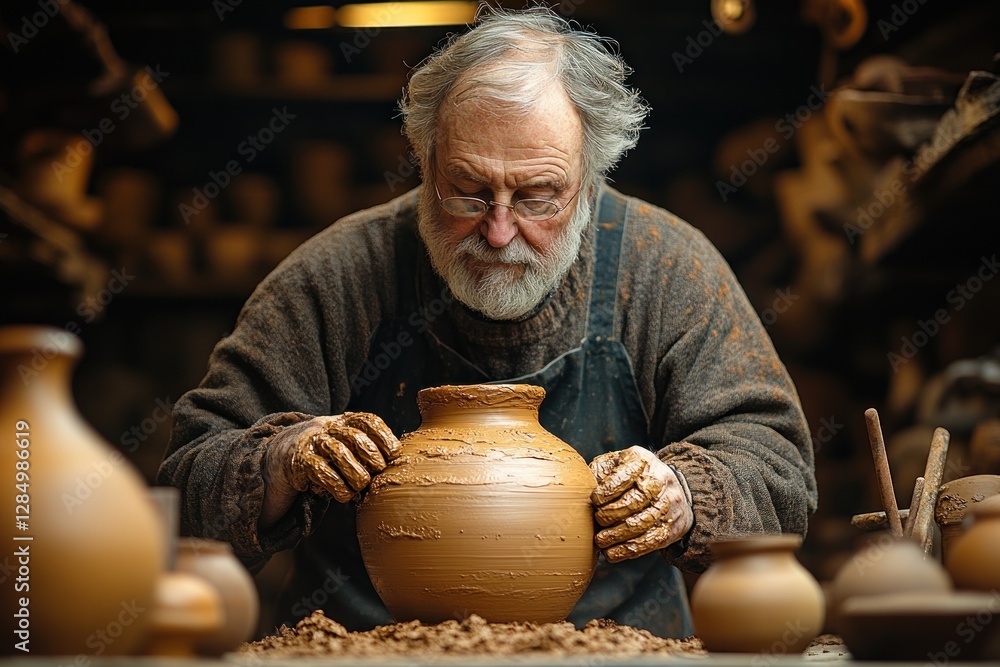 Pottery Maker Creating Clay Vase in Rural Workshop with Tools and Earthy Colors Pottery Maker Creating Clay Vase in Rural Workshop with Tools and Earthy Colors