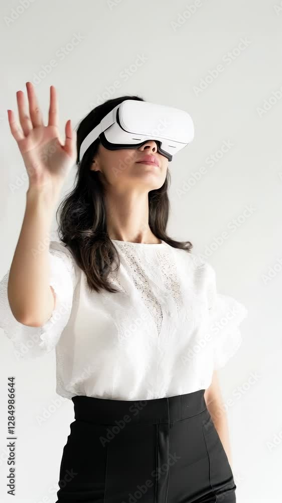 Woman experiences virtual reality in a modern studio wearing stylish attire and headset, showcasing immersive technology interaction Woman experiences virtual reality in a modern studio wearing stylish attire and headset, showcasing immersive technology interaction