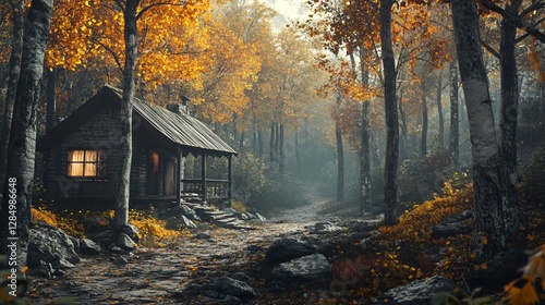 Immersive Autumn Retreat: Tranquil Cabin Amidst Vibrant Forest