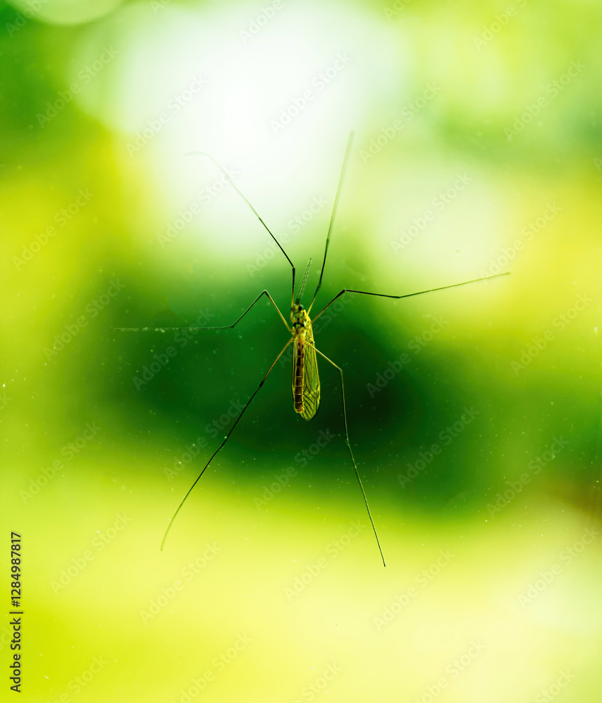 Fototapeta premium A crane fly with long delicate legs clings to a transparent glass surface, with a soft-focus green and yellow background creating a vibrant contrast.