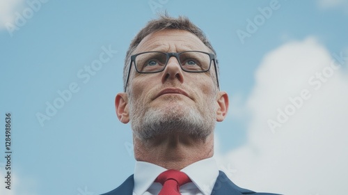Businessman looking upward,  blue sky background,  confident expression,  potential use in leadership stock photo