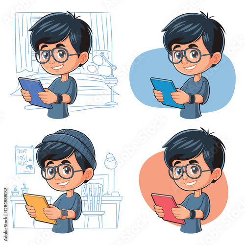 2d vector illustration technology , ai robot helping children at study pc and tablet , children background land escape 
