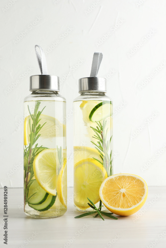 Lemon water with slices of cucumber in bottles, rosemary and fresh fruit on beige table Lemon water with slices of cucumber in bottles, rosemary and fresh fruit on beige table