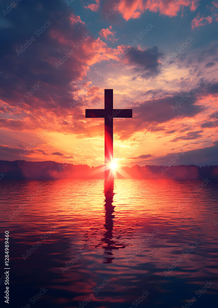 Christian Cross Symbol over Majestic Sunset Landscape Background Christian Cross Symbol over Majestic Sunset Landscape Background
