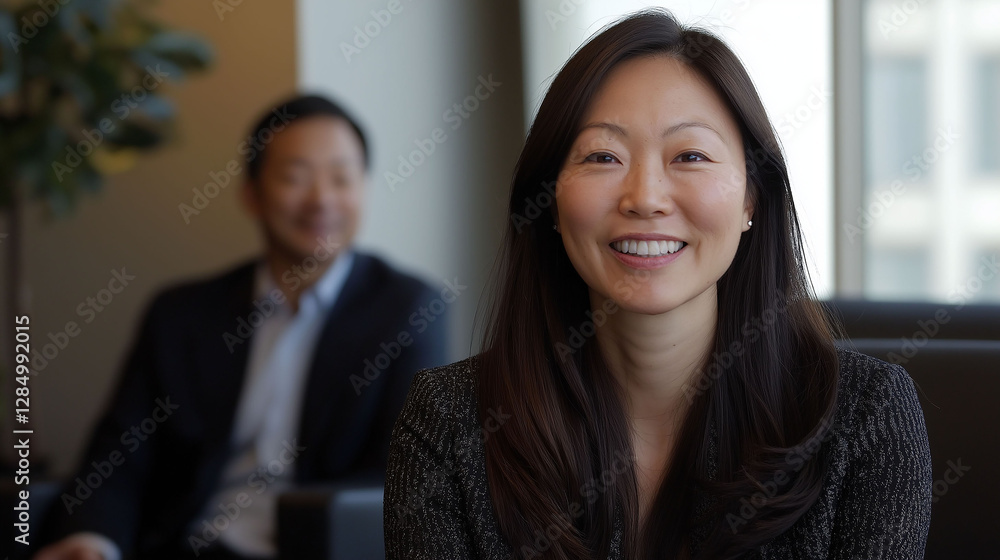 Fototapeta premium Chinese businesswoman, blurred work in the background