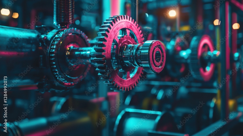 Fototapeta premium Colorful Industrial Gears and Machinery in Neon Lighting