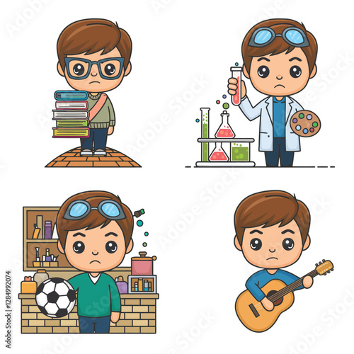 2d vector illustration technology , ai robot helping children at study pc and tablet , children background land escape 
