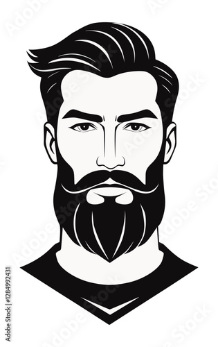 Man with verdi beard, handlebar moustache waxed in a loose curl and side parted combed hair. Style of the 2000s
