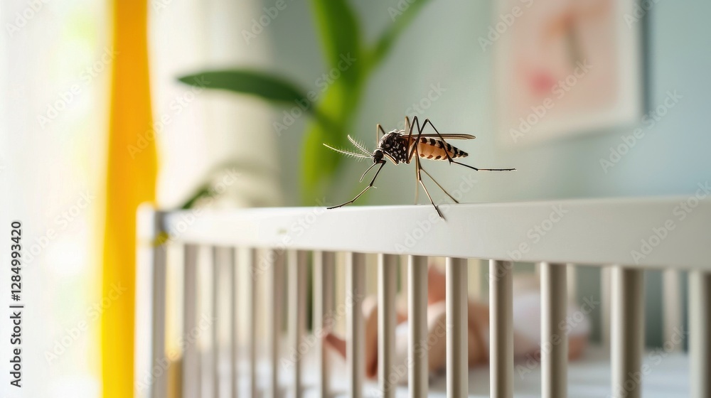 Naklejka premium Mosquito on Crib Near Sleeping Baby in Bright, Cozy Nursery