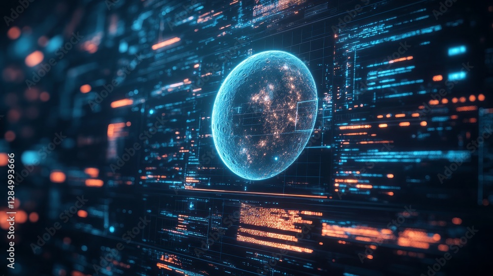 Obraz premium Glowing sphere surrounded by complex digital code environment