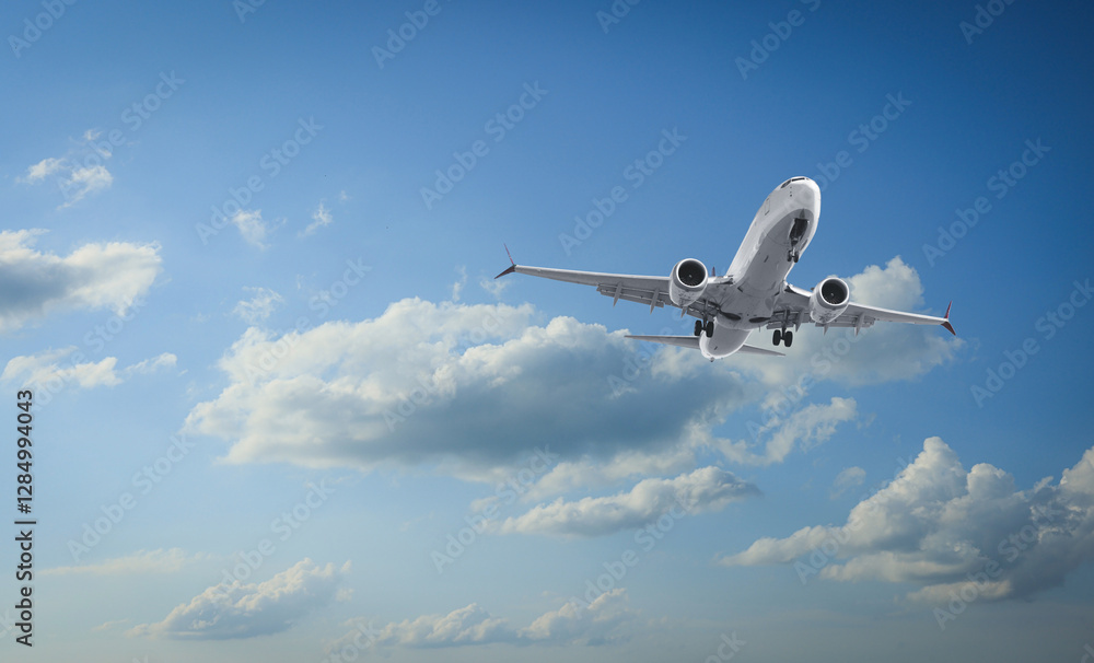 Obraz premium Airplane flying in beautiful blue sky with clouds