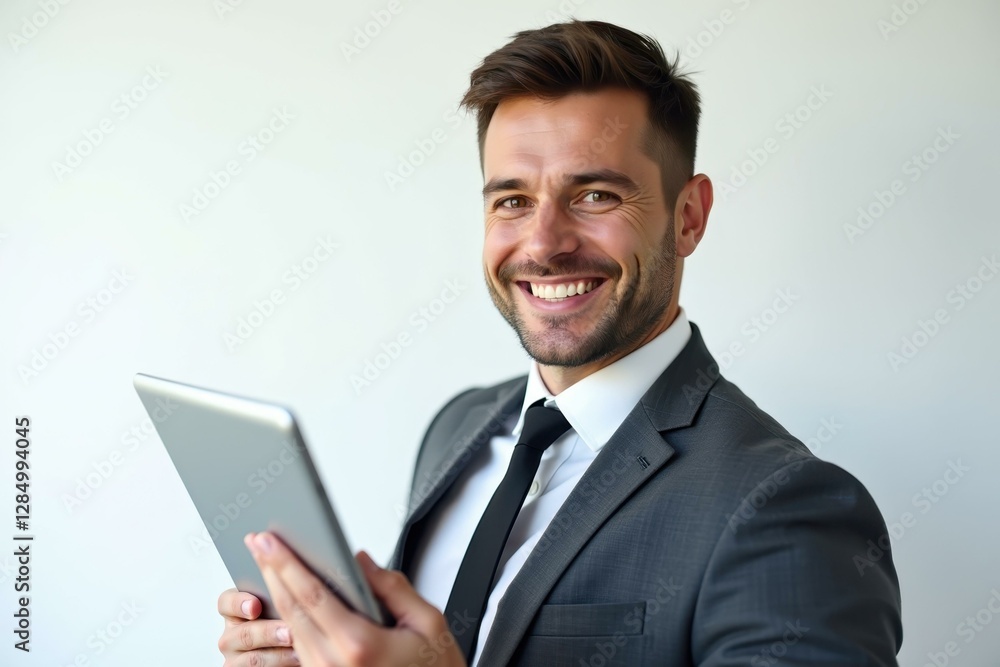 Man is smiling while holding tablet computer in his hands Man is smiling while holding tablet computer in his hands