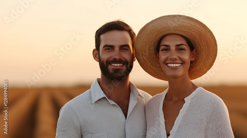 A joyful couple smiles in a picturesque rural setting at sunset, embodying love and tranquility. Their warm expressions convey happiness against a backdrop of golden fields. photo