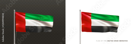 Realistic national flag of the United Arab Emirates on a metal flagpole isolated on black and white background. Waving in the wind flag. UAE patriotic symbol. 3d vector illustration