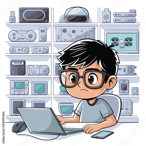2d vector illustration technology , ai robot helping children at study pc and tablet , children background land escape 
