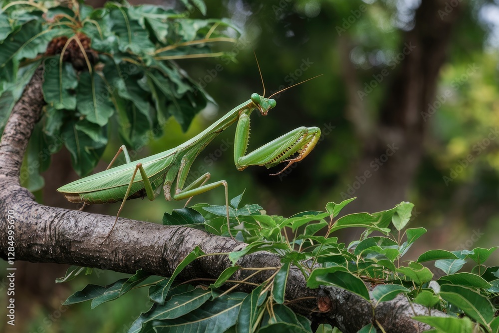 Perched on Tree Branch Amidst Lush Foliage, Close-up Macro Shot, Nature's Hunter, Green and Brown Tones Perched on Tree Branch Amidst Lush Foliage, Close-up Macro Shot, Nature's Hunter, Green and Brown Tones