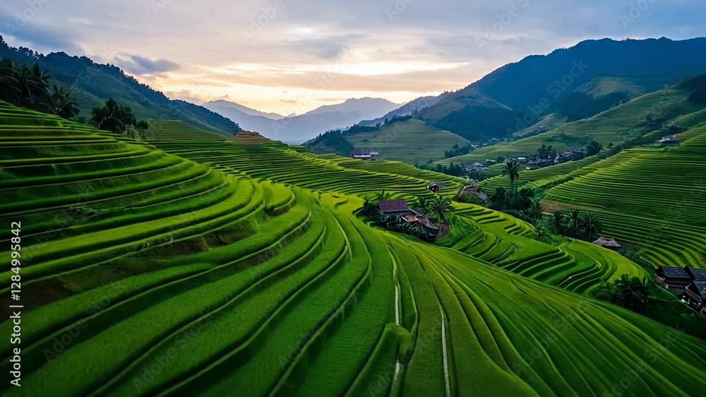 Sunrise over terraced rice paddies in a mountain valley Sunrise over terraced rice paddies in a mountain valley